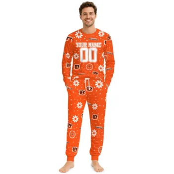 Cincinnati Bengals Cuffed Pajamas Personalized Floral Doodle Scatter Orange Fashion Forward Webp