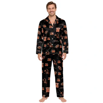 Cincinnati Bengals Satin Pajamas Custom Emblem Toss Black Fashion Forward Webp