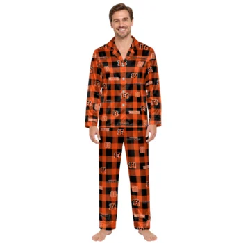 Cincinnati Bengals Satin Pajamas Personalized Buffalo Check Orange Black Fashion Forward Webp