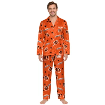 Cincinnati Bengals Satin Pajamas Personalized Star Scatter Orange Fashion Forward Webp