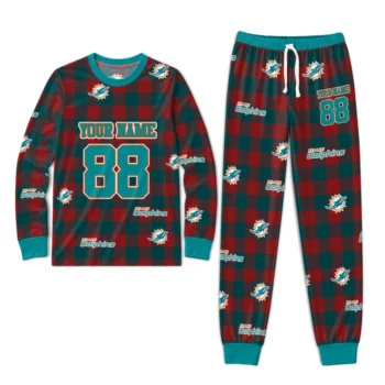 Miami Dolphins Cuffed Pajamas Custom Buffalo Check Aqua Red Best Selling Webp