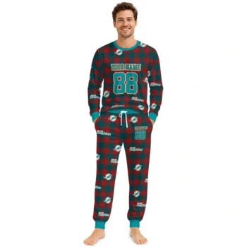 Miami Dolphins Cuffed Pajamas Custom Buffalo Check Aqua Red Fashion Forward Webp