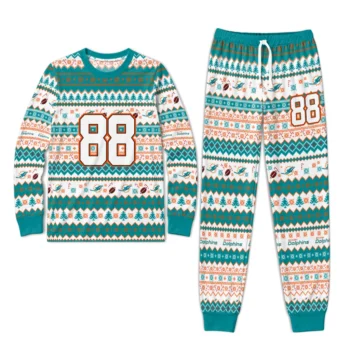 Miami Dolphins Cuffed Pajamas Customized Geometric Motif Bands Aqua White Best Selling Webp