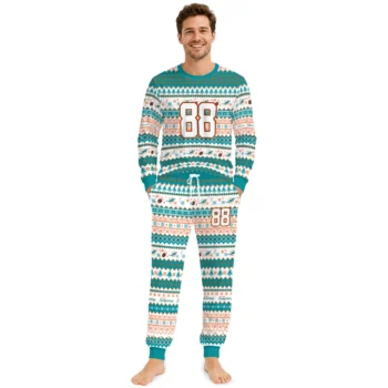 Miami Dolphins Cuffed Pajamas Customized Geometric Motif Bands Aqua White Fashion Forward Webp