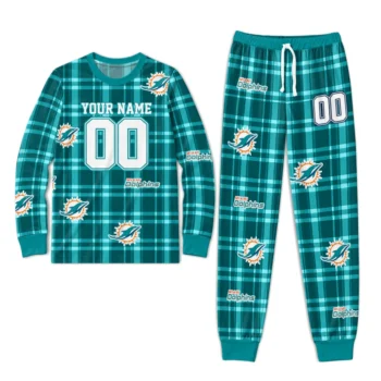 Miami Dolphins Cuffed Pajamas Personalized Windowpane Plaid Aqua Best Selling Webp