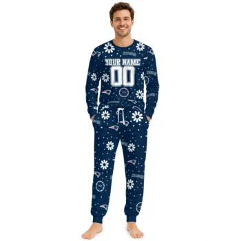 New England Patriots Cuffed Pajamas Personalized Floral Doodle Scatter Blue Fashion Forward Webp
