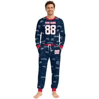 New England Patriots Cuffed Pajamas Personalized Linear Icon Scatter Blue Fashion Forward Webp