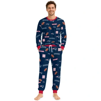 New England Patriots Cuffed Pajamas Personalized Sparse Oval Toss Blue Fashion Forward Webp