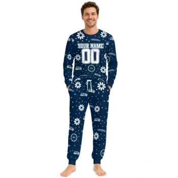 Seattle Seahawks Cuffed Pajamas Custom Floral Doodle Scatter Blue Fashion Forward Webp